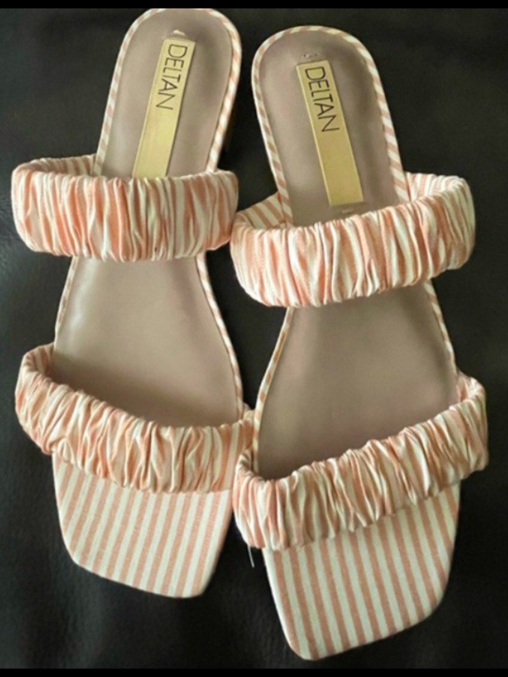 Deltan Two Band Elasticized Textile Striped sz 7 Peach And White Slip On Sandals